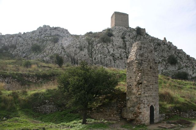 Acrocorinth - Ottoman tower in front of the Frankish Western tower